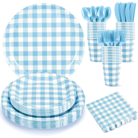 175 Pcs Gingham Paper Plates, Boy Baby Shower Decorations Include Blue Gingham Plates and Napkins Cups Disposable Blue Dinnerware for Picnic, Wedding, Birthday
