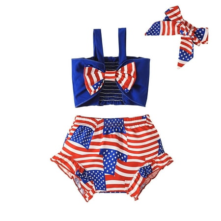 

IROINNID Toddler Girl s Fashion Stripe Star Bow Suspenders Shorts Headdress Suit Sleeveless USA Flag Prints Tank Suit