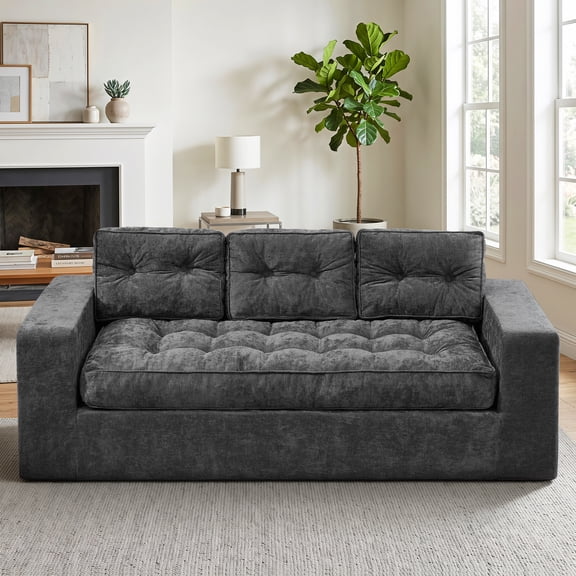 Fulsmile 75" Boneless Sofa with Adjustment Cushions, 3-Seater Cloud Couches with Throw Pillows, 2-in-1 Compact Small Sofa for Living Room, Dark Gray