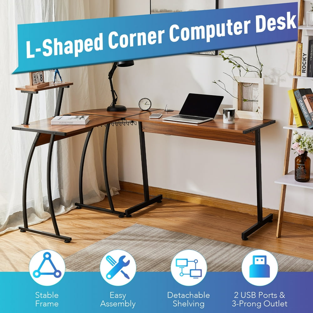 L Shaped Computer Desk w USB Ports & Cable Management for Home More, Walnut