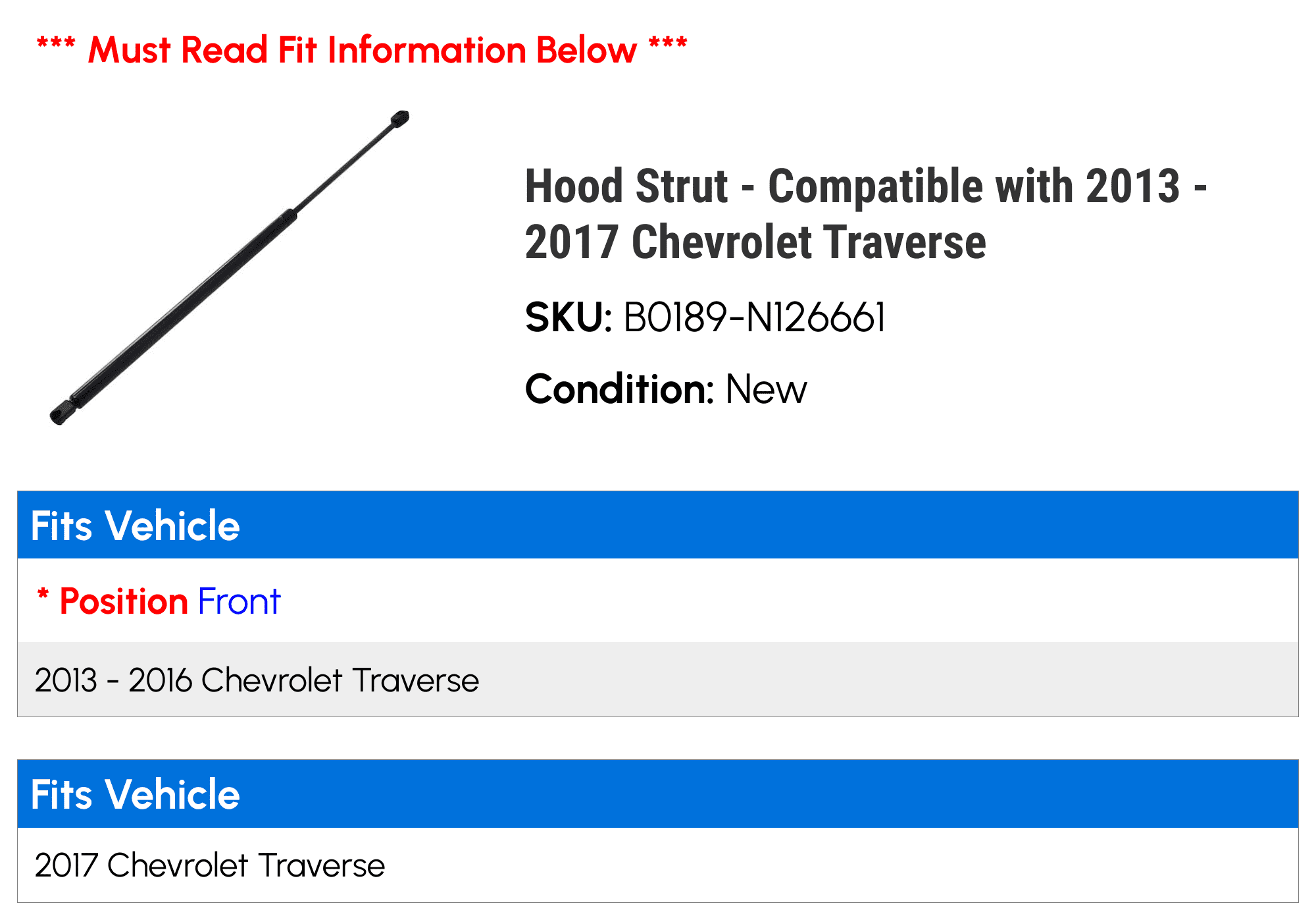 Hood Strut - Compatible with 2013 - 2017 Chevy Traverse 2014 2015 2016