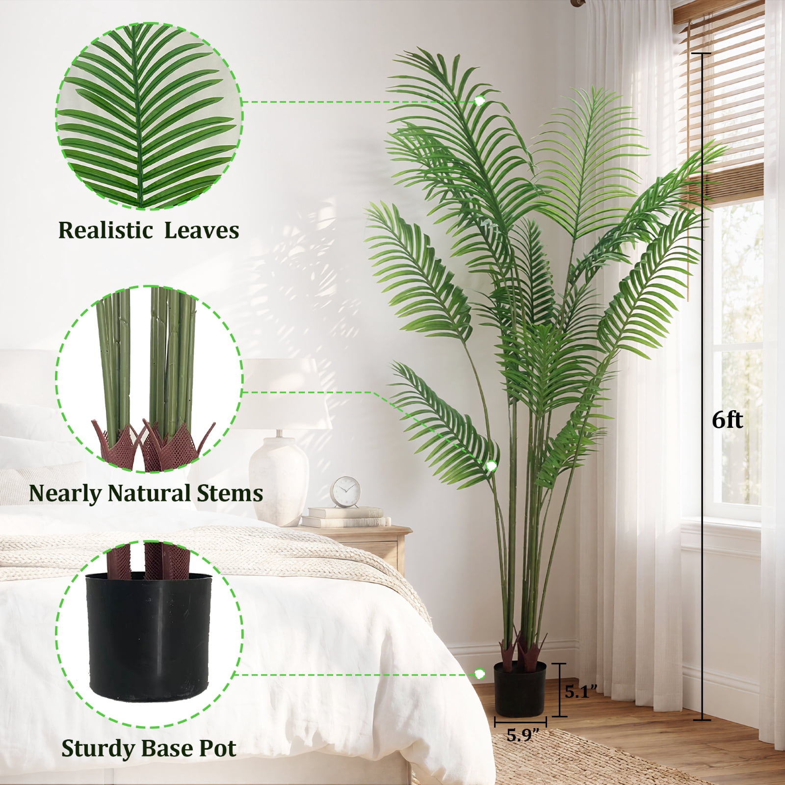 BEAUTYPEAK 6FT Artificial Palm Plants Fake Pre Potted Faux Green Tree Tall Fake House Plants Indoor Outdoor Floor Plant
