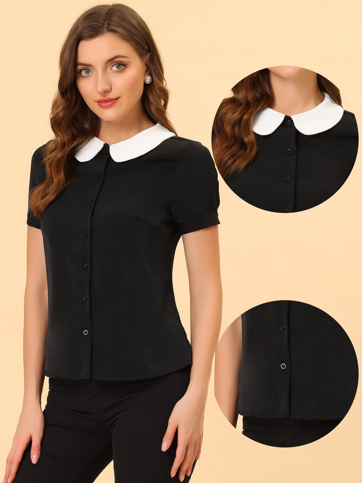 DARING DIVA Women's Contrast Collar Button Down Chiffon Blouse XS Black