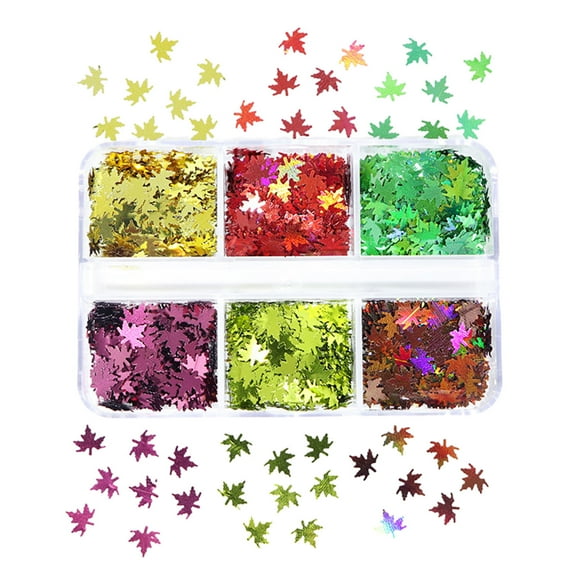 UDIYO 1 Box Nail Sequins Creative Shape Vivid Color Shiny Visual Effect Non-Fading Wide Application Decorative PET 6 Grids Colorful Maple Leaf Nail Art Sequins for Nail Salon