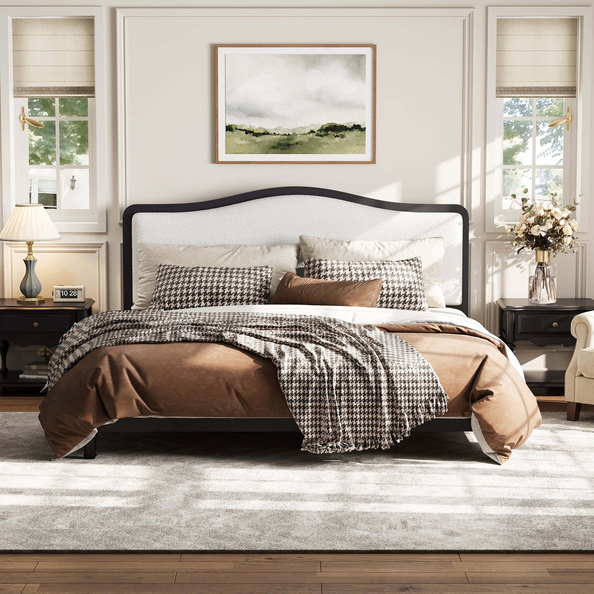 MODERNLUXE Queen Size Platform Bed with Upholstery Headboard, Black
