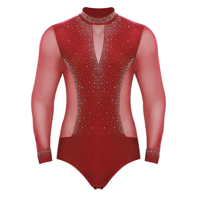 YONGHS Justaucorps de Danse Latine Samba Rumba pour Hommes Manches Longues en Maille Transparente Rouge S