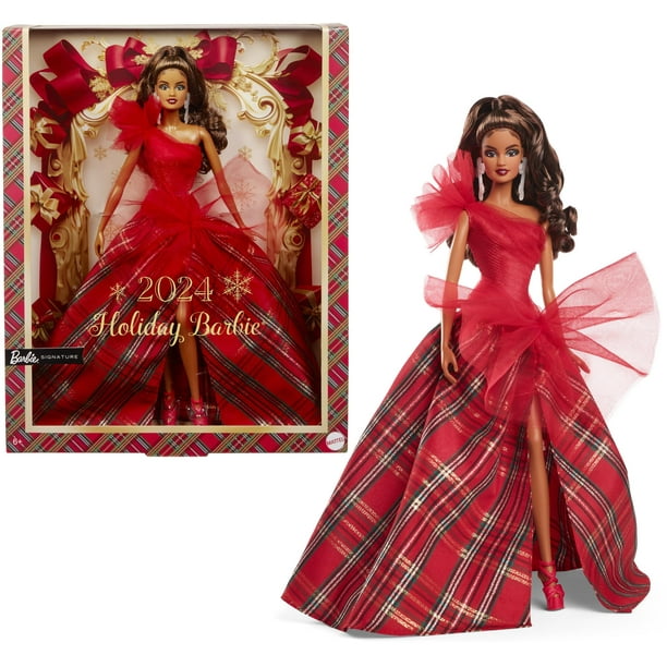 Barbie 2024 Holiday Barbie Dolls, Seasonal Collector Toy, Barbie Signature, Plaid Gown with Red Bow, Displayable Packaging, Light Brown Hair