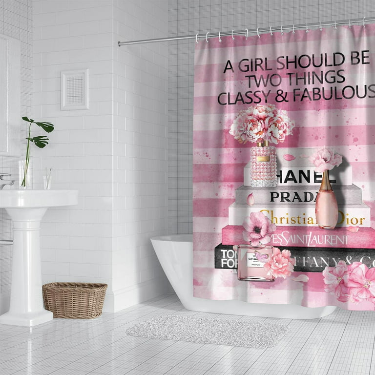Sonernt Fashion Book Perfume Shower Curtain Pink Flower Shower Curtain Girl  Women Pink Queen Princess Bath Curtain Bathroom Decorations Waterproof  Cloth Fabric Size 72x72 Inches with Hooks 
