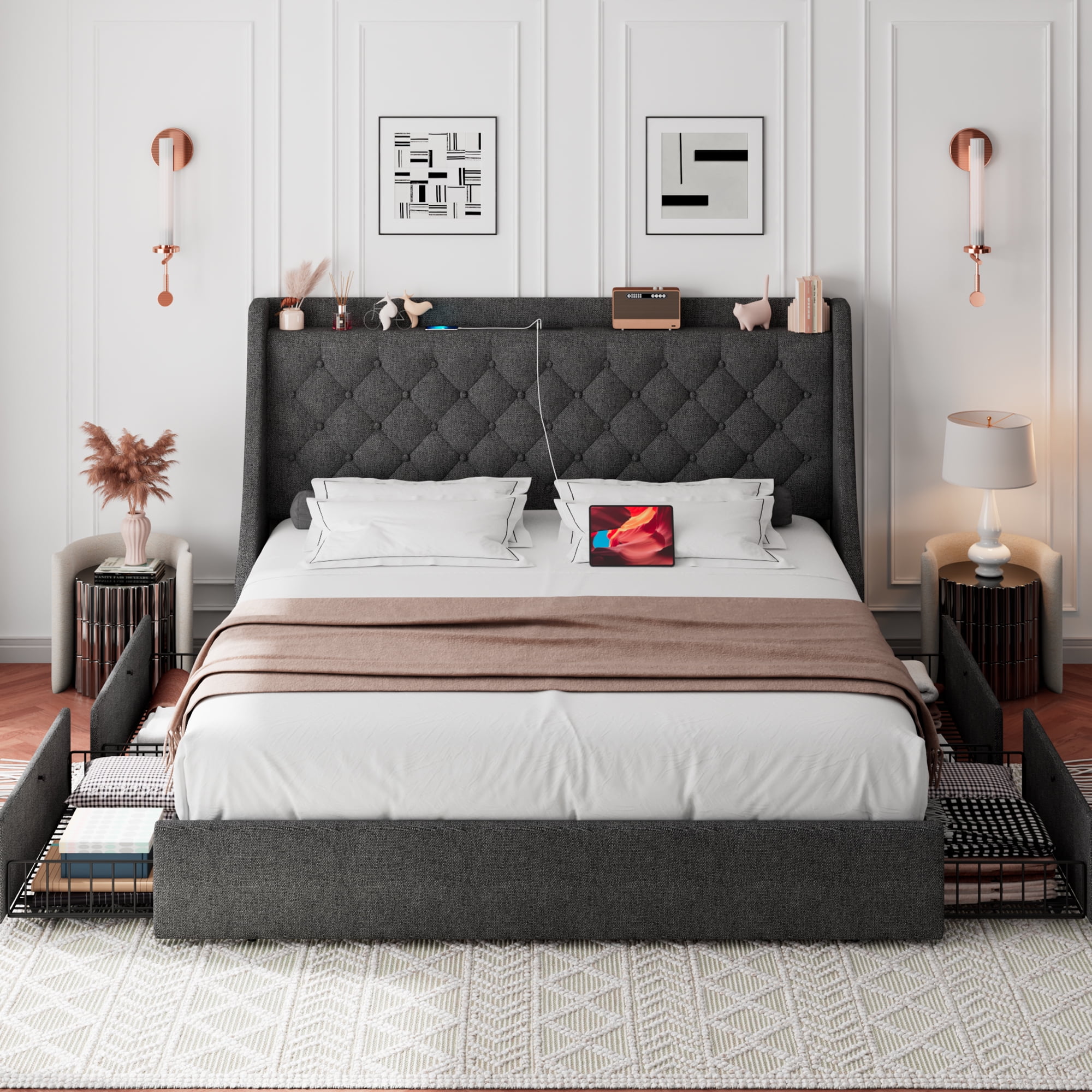 Virans King Bed Frame with 4 Storage Drawers, Upholstered Platform Bed Frame with Type-C & USB Ports, Wingback Storage Headboard, Dark Gray