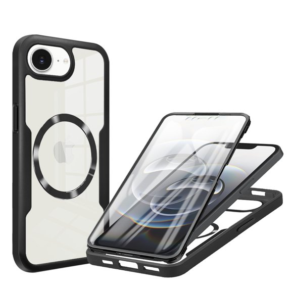 TECH CIRCLE Full Body Protection Case for iPhone 16e,Magnetic Clear Case Compatible with Mag Safe Shockproof TPU PC Cover Built-in Screen Protector for iPhone 16e,Black