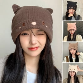 Cute Devil Horn Beanie Hat - Striped Knit Winter Cap With Cat Ears, Warm Acrylic Cashmere Blend, One Size Fits Most (Brown)
