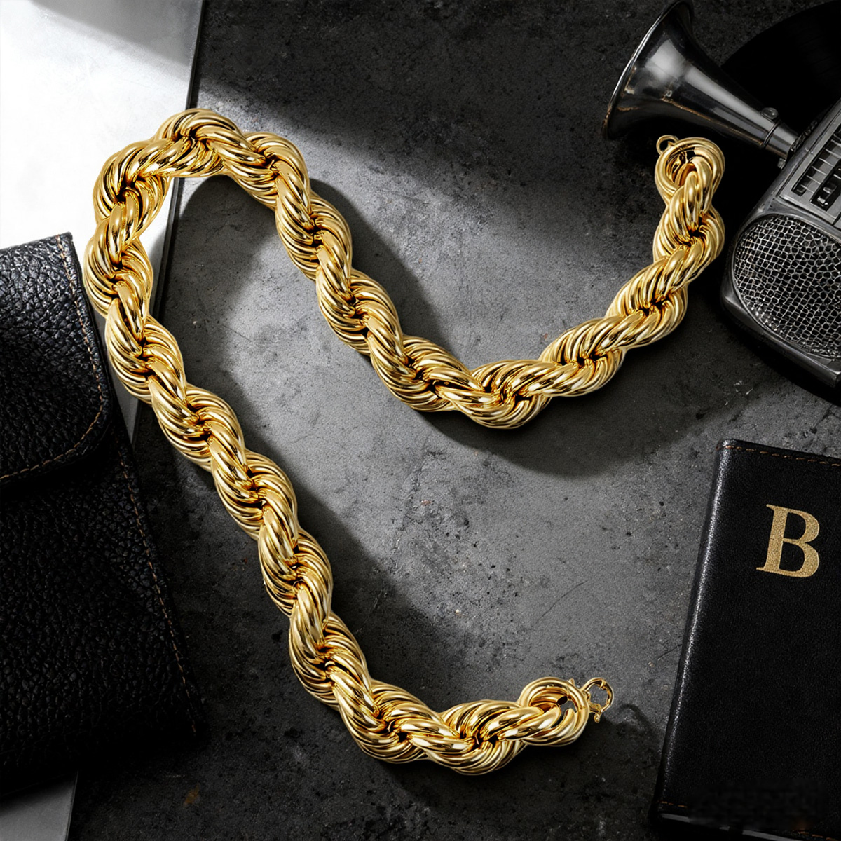 Hip Hop Big Gold Rope Copper Tube Twist Chain Necklace, 30 Inch Heavy Rope Design, 80s/90s Party Vintage Bling Jewelry for Men and Women