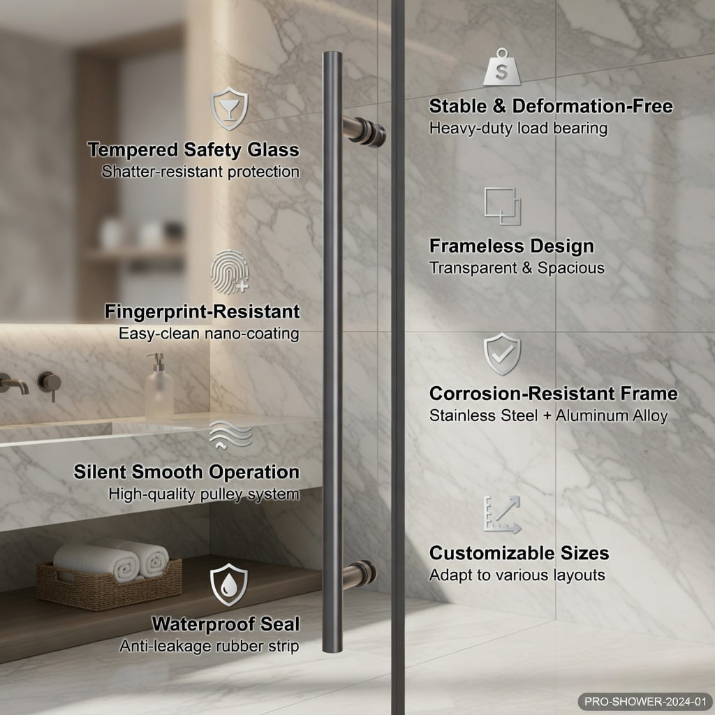 Hommoo 48" W x 72" H Frameless Single Sliding Shower Door, 1/4" Tempered Clear Glass, Aluminum Rail & Stainless Steel Handle, Adjustable Width (46.8–48"), Reversible Installation, Black & Transparent
