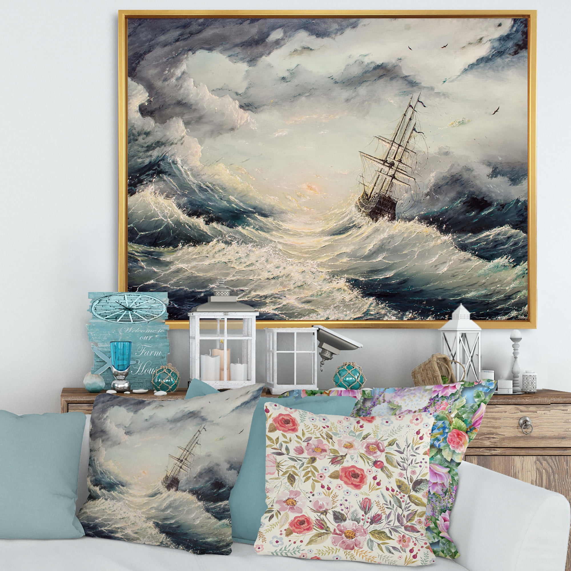 Ship Struggles With The Sea Storm 20 in x 12 in Framed Painting Canvas Art Print, by Designart