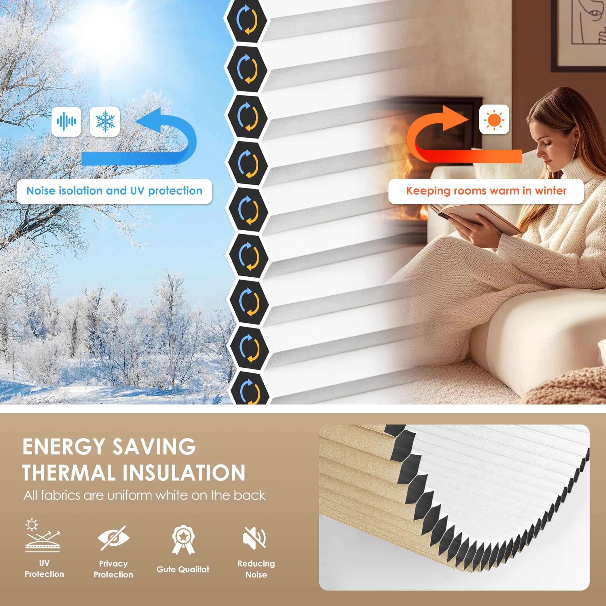 No Tools Drill Cordless Cellular Shades  Blackout Light Blocking Honeycomb For Home Thermal Insulation Blinds Windows 21" W X 48" H Beige