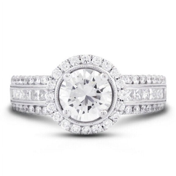 Triple Row Solitaire With Accents Diamond Ring, Women's Halo Diamond Anniversary Ring, Engagement Wedding Diamond Ring, 2.6 Ct Simulated Diamond, 925 Sterling Silver