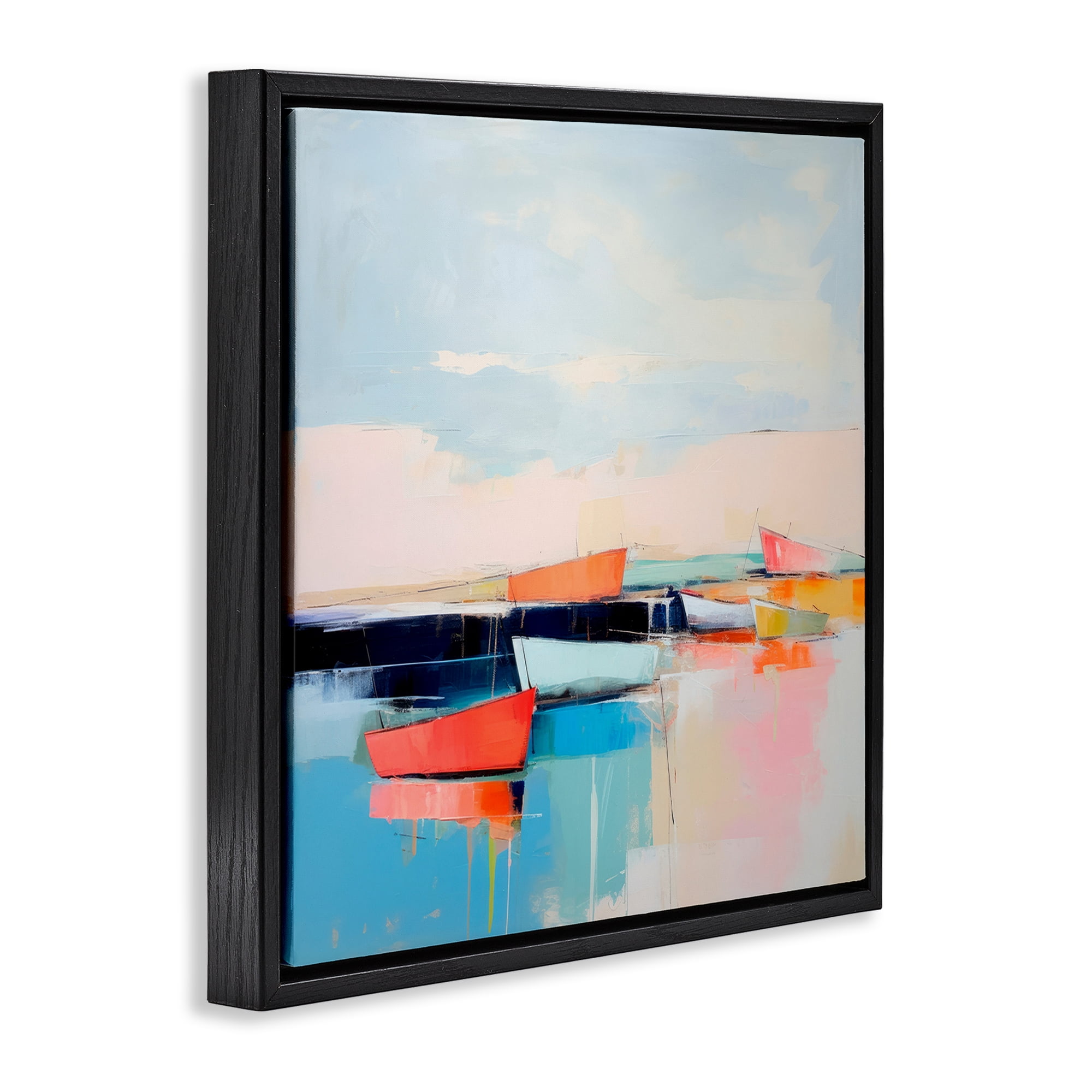 Stupell Industries Vivid Boat Reflection Transportation Painting Black Floater Framed Canvas Art Print Wall Art, 18 x 18
