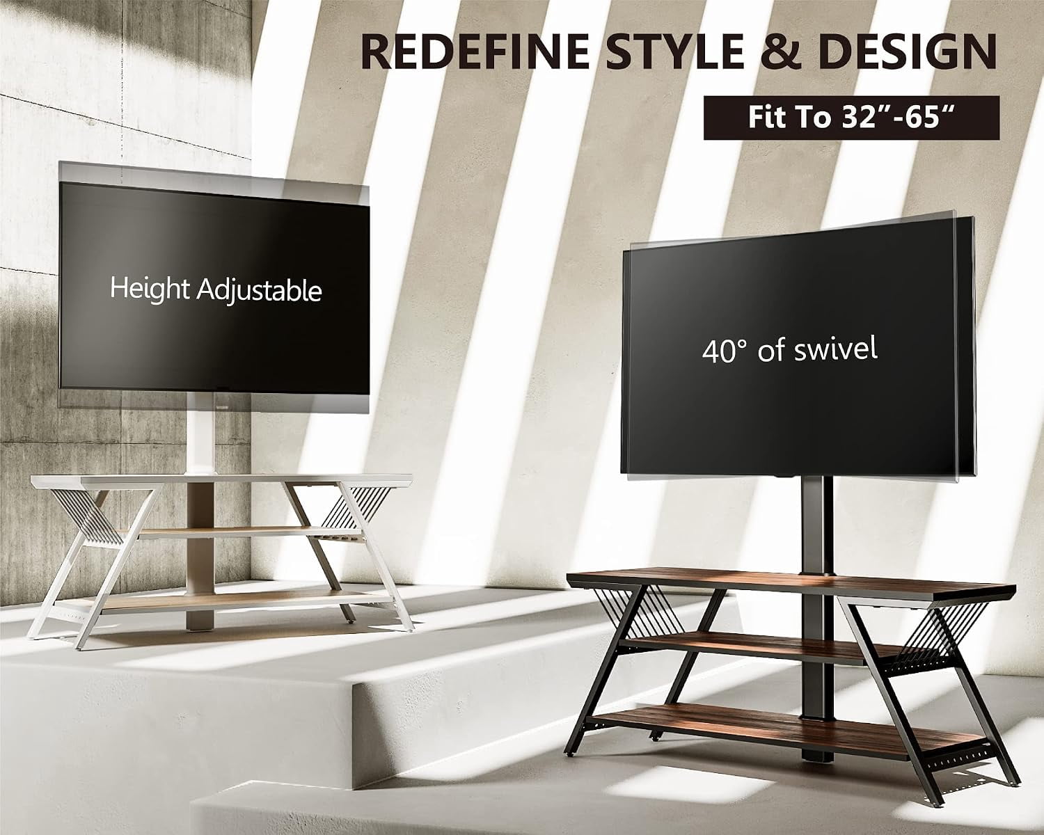 FITUEYES TV Stand with Mount for 32–65 Inch TVs, White, Swivel Mount, Height Adjustable