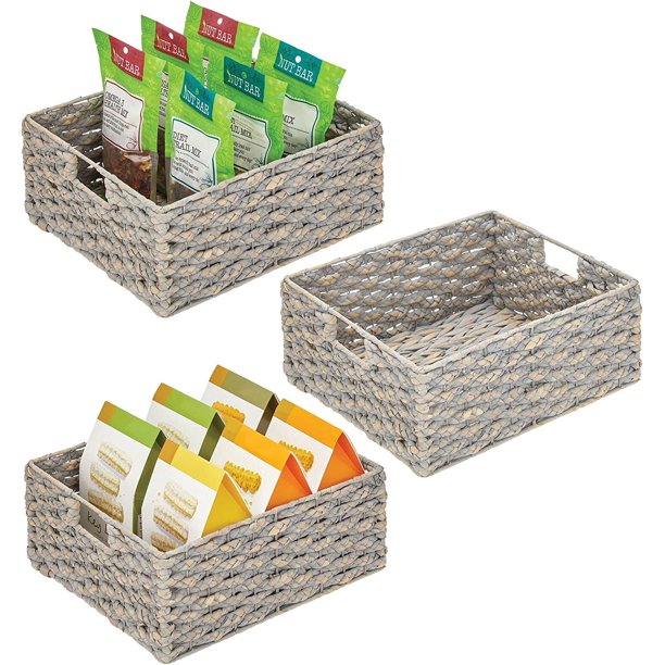 Caja de almacenamiento de mimbre para armarios y estanterías - cesta de cocina con pizarrón incorporado - cesta de almacenamiento de jacinto de agua tejido con asa - juego de 3 piezas - lavado gris JAMW Sencillez