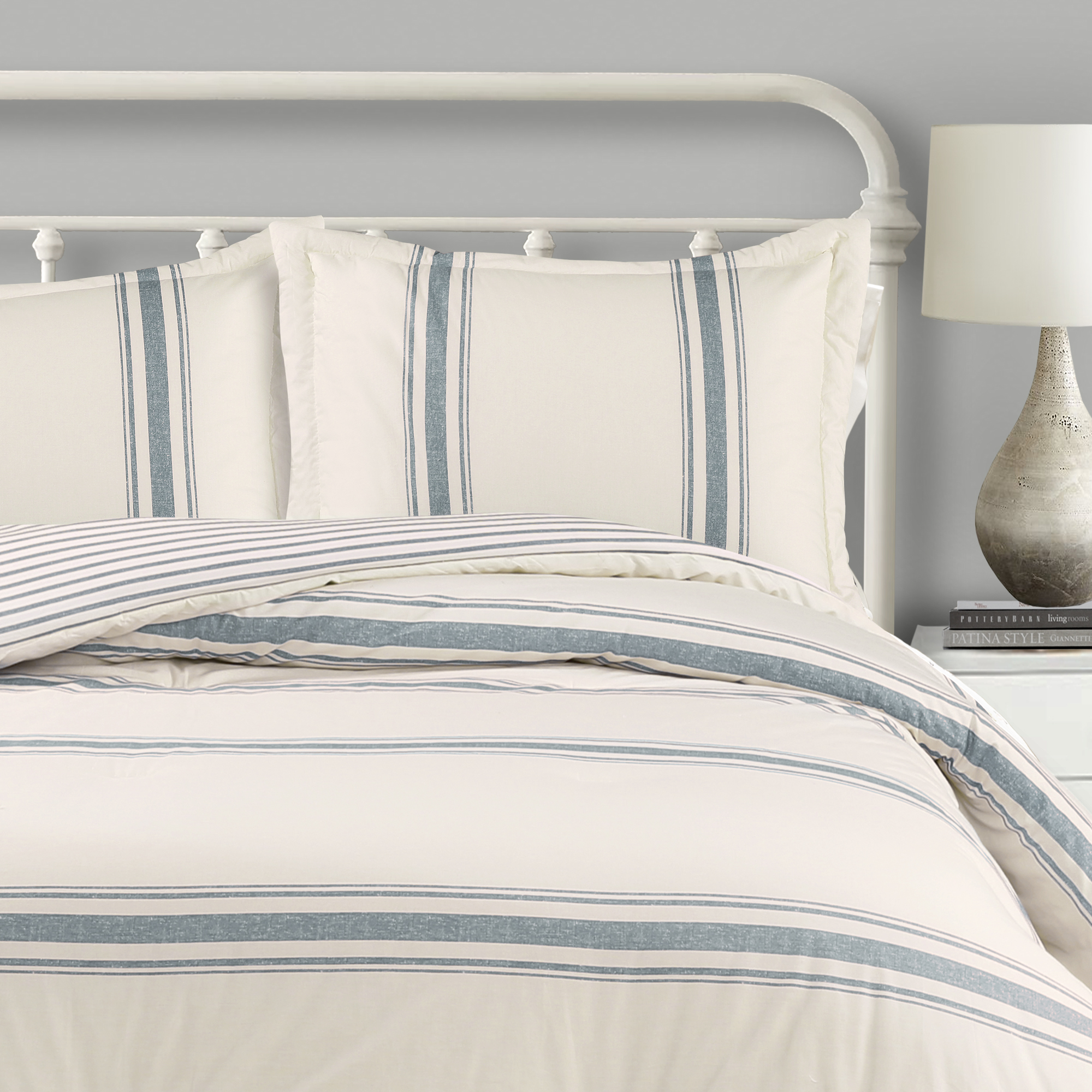 Lush Decor Farmhouse Blue Stripe 3 Piece Comforter Set Full Queen