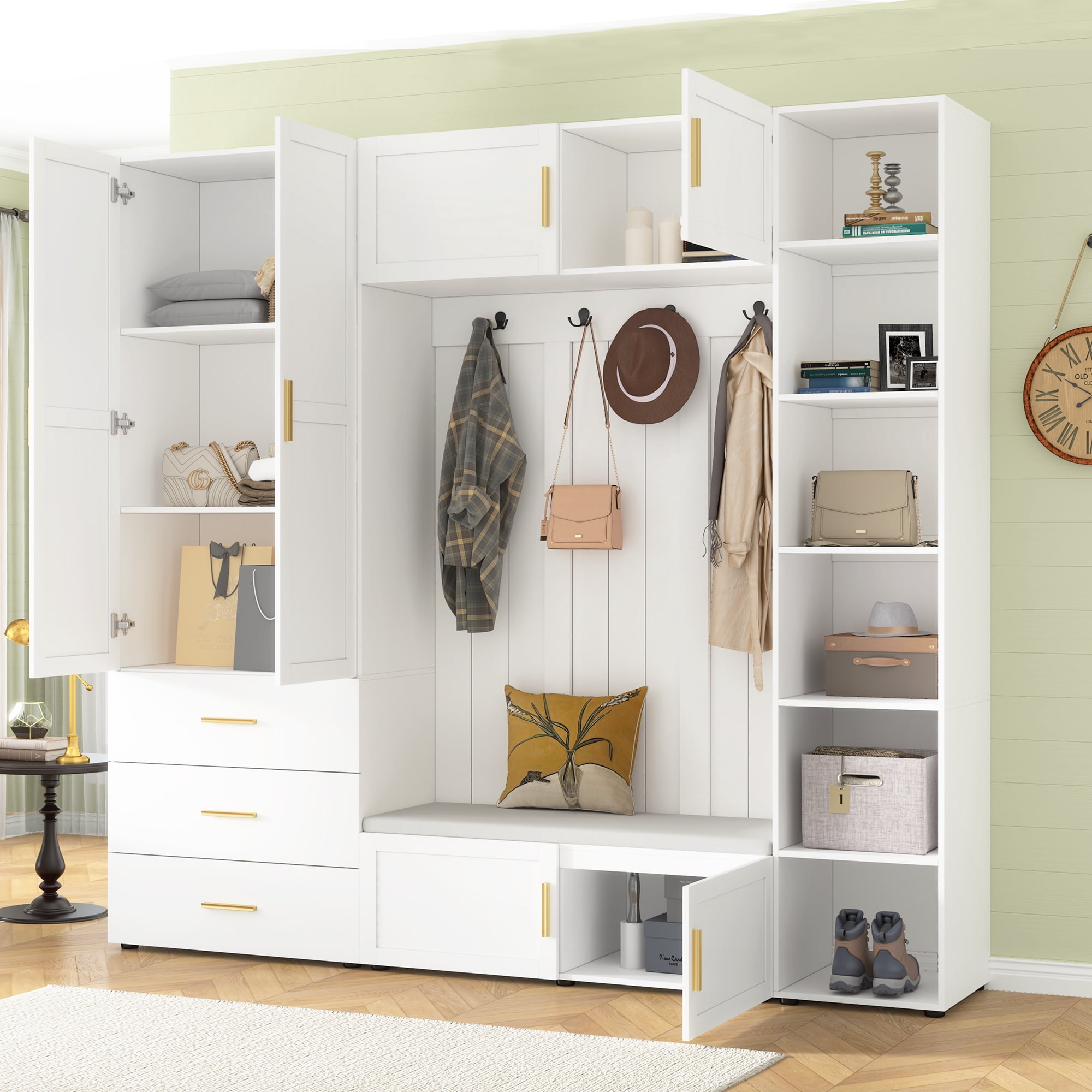 Mintazer 4‑in‑1 Hall Tree with Cushioned Shoe Bench & Hooks, Entryway Storage Organizer with Cabinets & Drawers, Adjustable Shelves for Mudroom Hallway, White