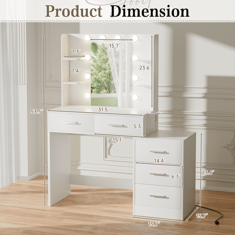 Lacoo Vanity Desk with 5 Drawers & Charging Station, Makeup Vanity with Lights & 4 Shelves, Dressing Table for Bedroom, White