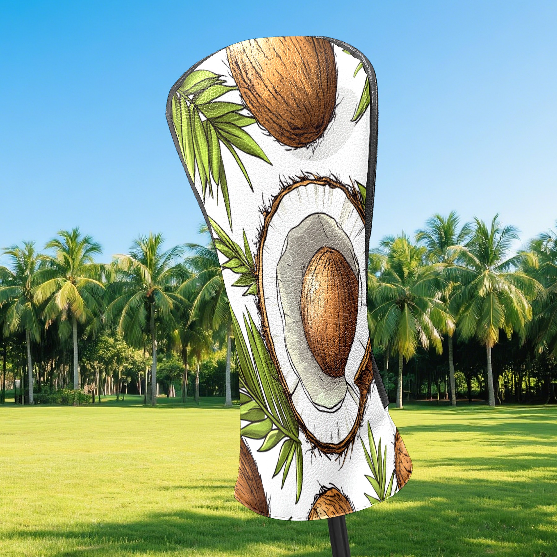 Golf Club Covers PU Leather Waterproof Head Covers for Fairway Woods Hybrids Coconut Palm Leaves