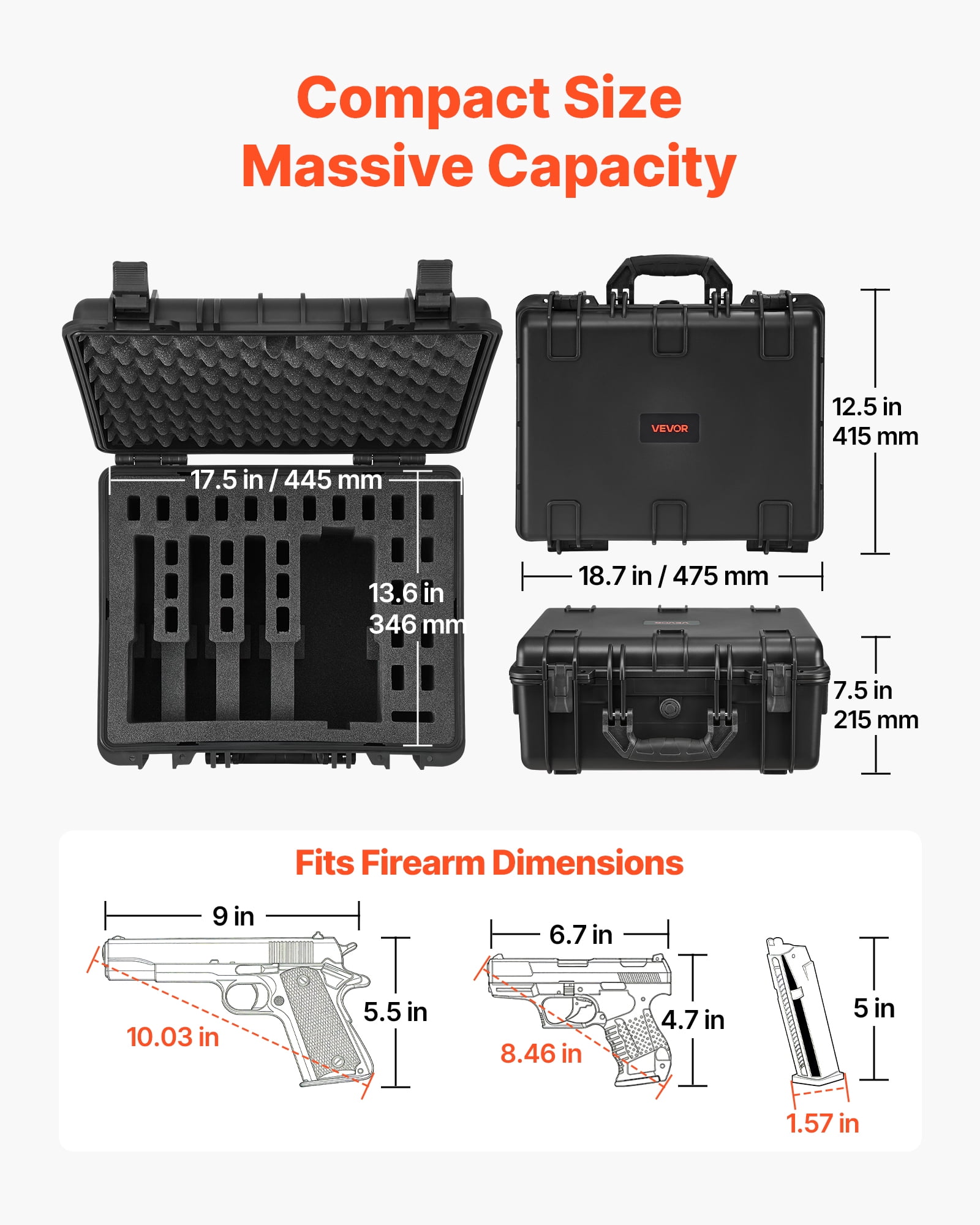 VEVOR Hard Pistol Case, Heavy Duty Hard Gun Case with XPE Foam Lining, Waterproof Pistol Storage Box with Customizable Interior & Handle for Gun, Lenses, Camera, Gear, TSA Compliant, 18.7x12.5x7.5 in