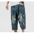thumbnail image 4 of CaComMARK PI Men's Capri Jeans Loose-Fit Ripped Hole Harem Capri Jeans Baggy Denim Cargo Shorts Multi Pocket Fashionable Casual Shorts Dark Blue L30, 4 of 7