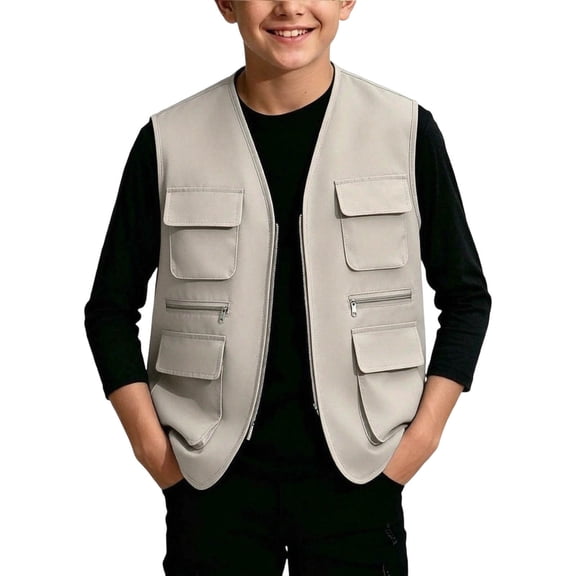 Kids Cargo Vest Utility Fishing Vests Multi Pockets Zip Up Sleeveless Casual Fashion Jacket for Young Boys and Girls Khaki 5-6 Years