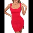 thumbnail image 2 of Vestido Mini de Verano para Mujer, Sin Mangas, con Lazo en la Cintura, Escote Cuadrado, Espalda Descubierta, Abertura en el Dobladillo, Fruncido y Ajustado. Rojo S, 2 of 10
