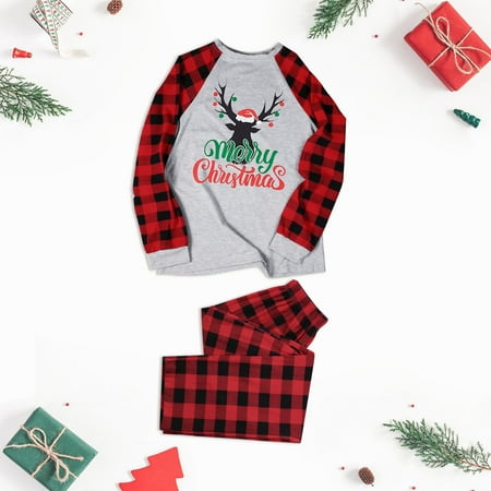 

ERTUTUYI Matching Family Pajamas Christmas PJs Sets Letter And Plaid Cute Pattern Printed Long Sleeve Tee And Bottom Loungewear (Mom) Gray L
