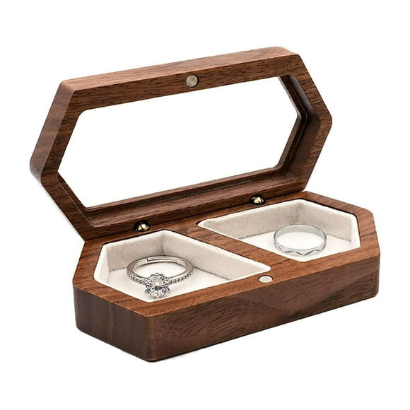 Anillero de Madera con Tapa Transparente Dos Ranuras Contenedor de Joyas Almacenador de Joyas de Nogal para Parejas Anillos de Boda Portátil para Ocasión de Boda