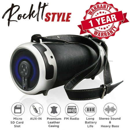 Clarity Outdoor Speakers - Woozik S29 Portable Loud Bluetooth Boombox Speaker - with Micro SD Card, Aux, Back-lit LED Light, FM Radio, Rechargeable Battery, Leather Cover & Strap, and 4