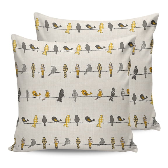 14x14 Pillow Covers Set of 2, Yellow Grey Plaid Throw Pillow Covers Decorative Couch Cushion Case, Farmhouse Burlap Spring Floral Birds Microfiber Square Pillowcases for Bedroom Car Living Room