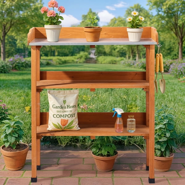 Outdoor Garden Potting Bench Table, Wooden Horticulture Planting Worstation with Metal Tabletop, 2 Storage Shelves, 3 Hooks