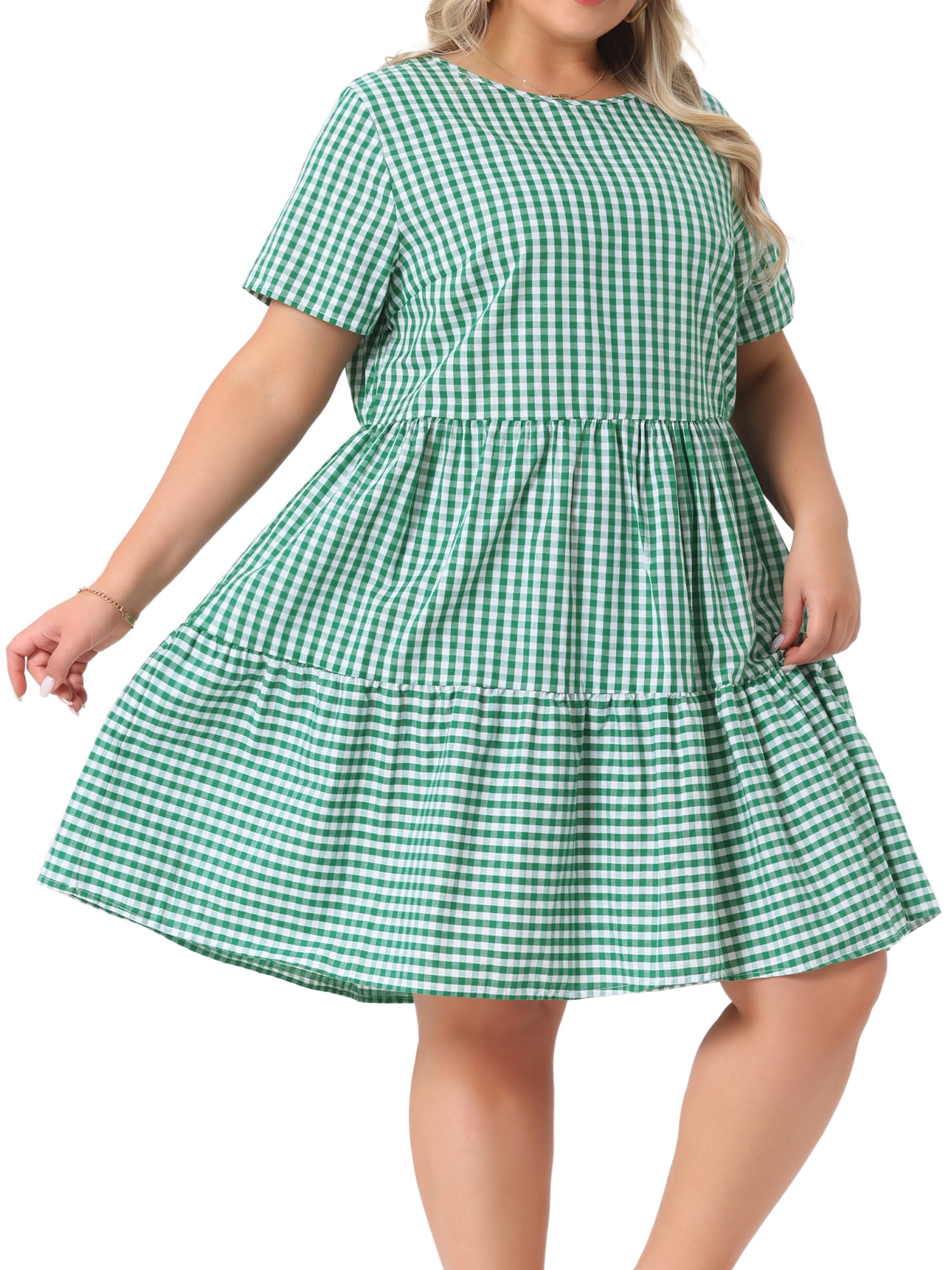 DARING DIVA Women's Plus Size Plaid Round Neck Short Sleeve Midi Dress 3X Green