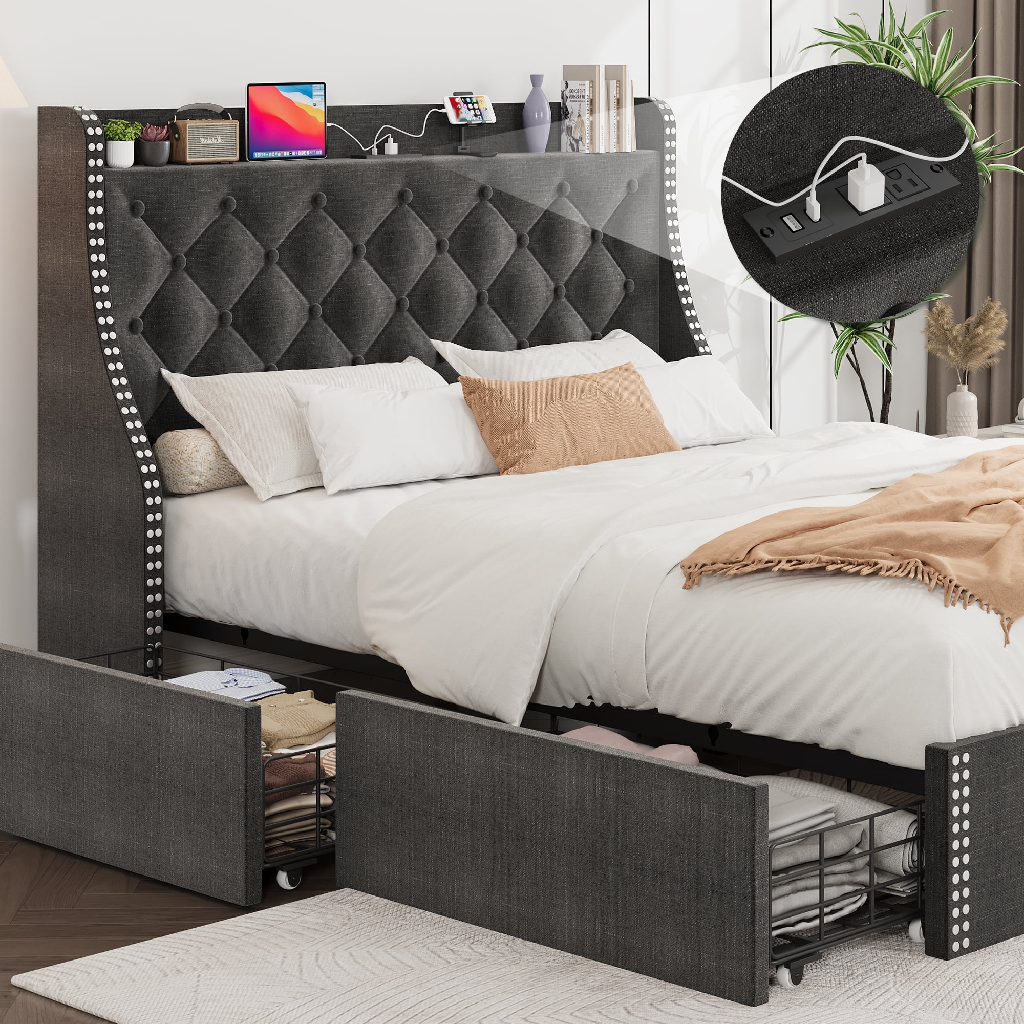 King Size Bed Frame with Adjustable Headboard, Upholstered Platform Bed Frame with Wooden Slats Support, No Box Spring Needed, Non-Slip, Noise-Free, Easy Assembly, Black
