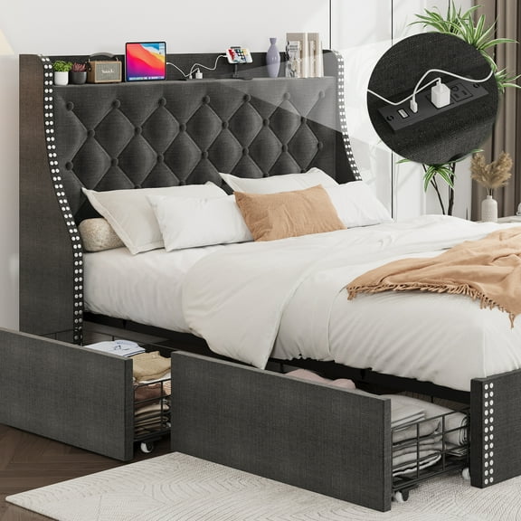 Senfot Queen Size Bed Frame with Wingback Headboard, 4-Drawer Velvet Upholstered Platform Bed frame with Charging Station, No Box Spring Needed, Button Tufted Storage Bed, Gray