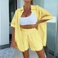 thumbnail image 4 of FRSASU Women's Shorts Sets 2 Piece Summer Vacation Style Short Sleeve Top and Shorts Sweatsuit Set Vacation Outfits Yellow XL(XL), 4 of 7