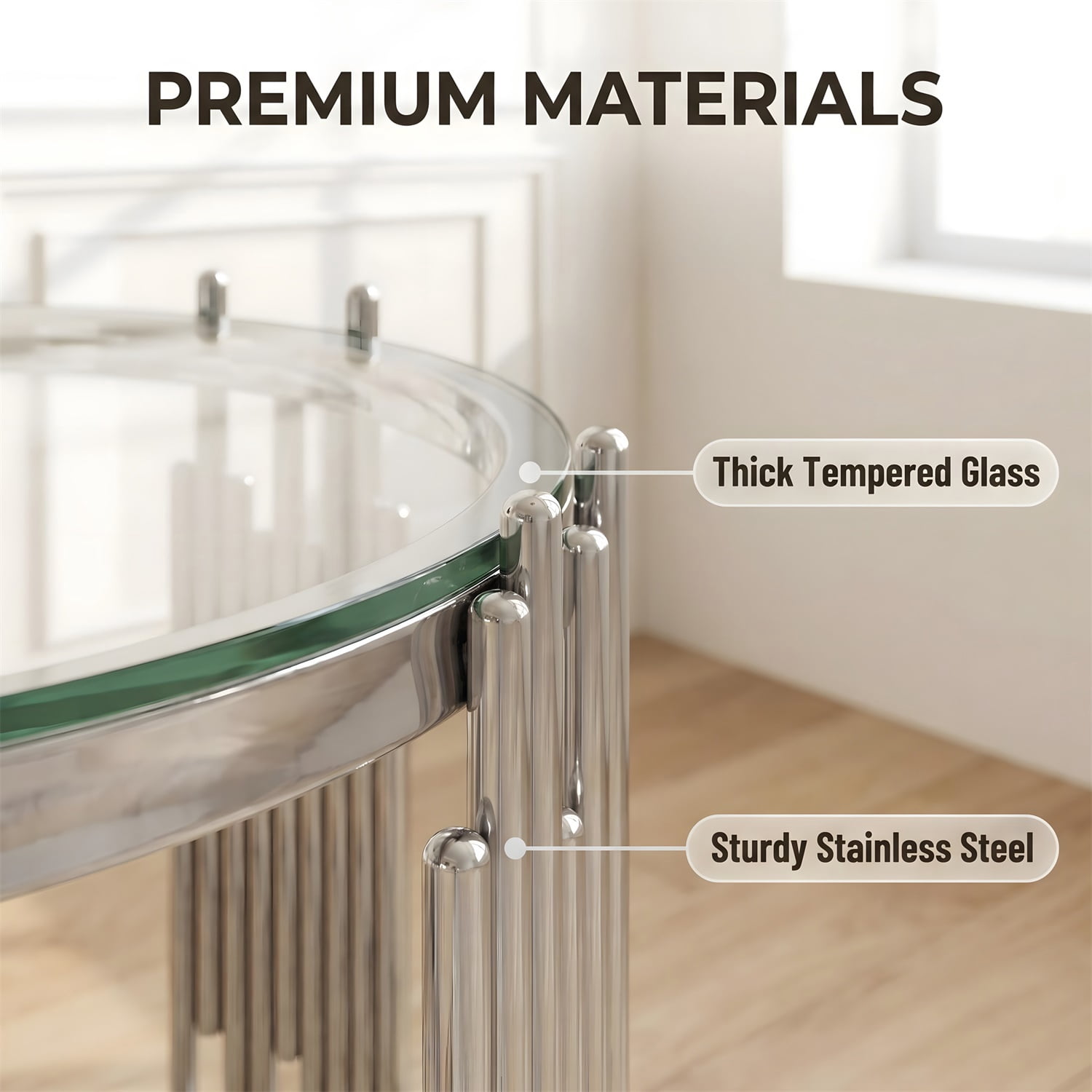 Hommoo 19.7 Inch Round 2-Tier Glass End Table, Stainless Steel Base with Clear Tempered Glass, Modern Luxury Side Table for Living Room, Bedroom & Home Office, Sliver