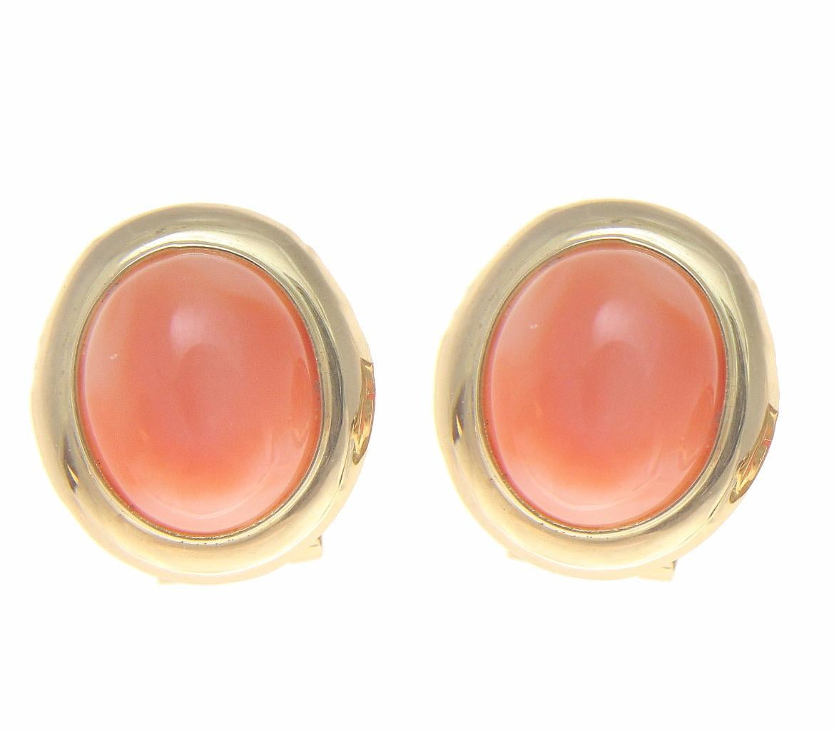 Genuine natural oval cabochon pink coral earrings omega backs 14k yellow gold by