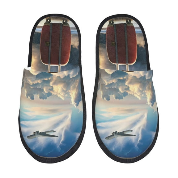Gaeub Sunset Airplane Travel View Print Women's Fuzzy Scuff Slippers,Women's Plush Slip on,Soft Comfy Non-slip Indoor House Shoes,Winter House Slippers-Medium