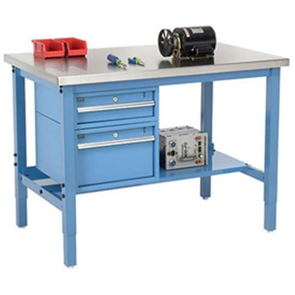 72 x 30 in. Production Workbench - Stainless Steel Square Edge with Drawers & Shelf, Blue