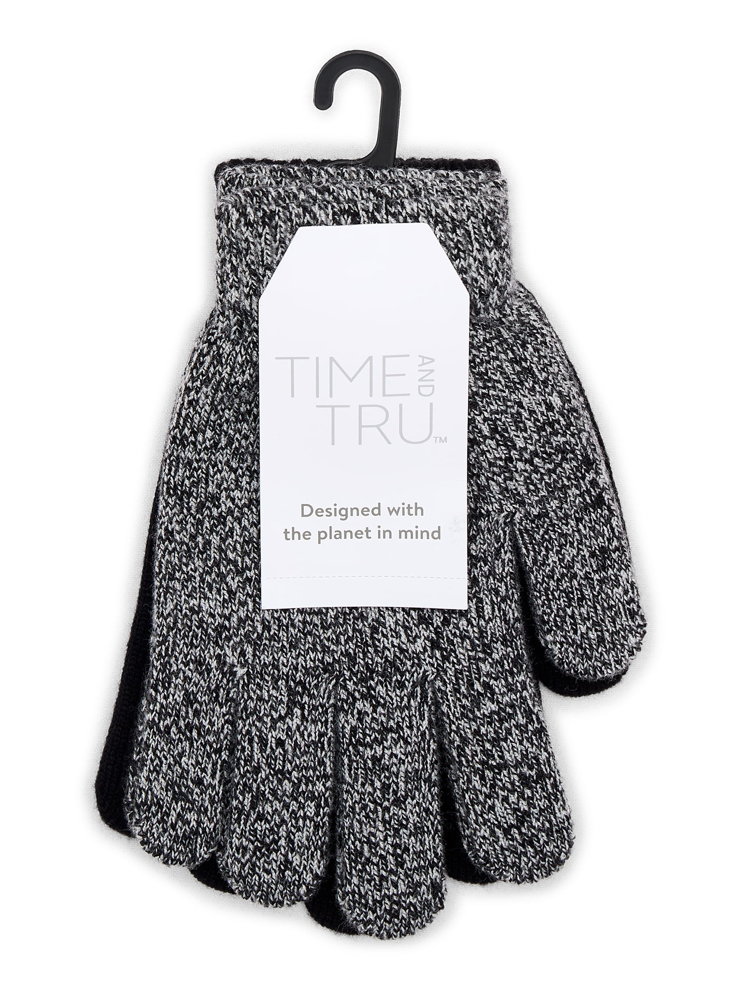 Time and Tru Women's Knit Gloves, 2-Pack, Black Soot/Winter White