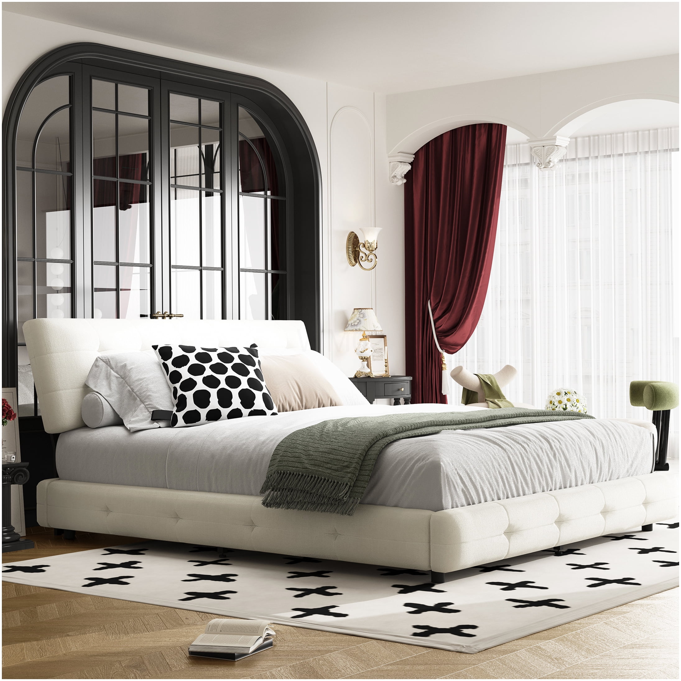 Queen Upholstered Bed Frame with Pillow Tufted Headboard, Platform Bed Base with Wood Slats, No Box Spring Needed, Chenille Fabric, Beige and White