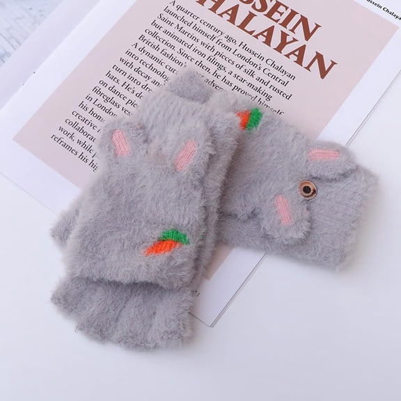 2 Pairs Winter Warm Fingerless Gloves Velvet Gray 247mm Convertible Half ped 2 in 1 Mitten Soft Comfortable Handwear for Women Cold Weather Outdoor Activities