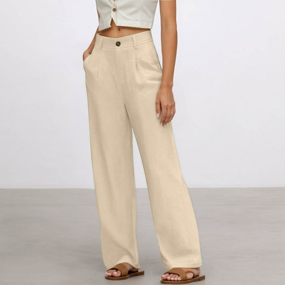 TrendOFT Linen Wide Leg Pants Women Casual Cotton High Waisted Harem Trouser Lightweight Slacks with Pockets Fall Clothes Beige L