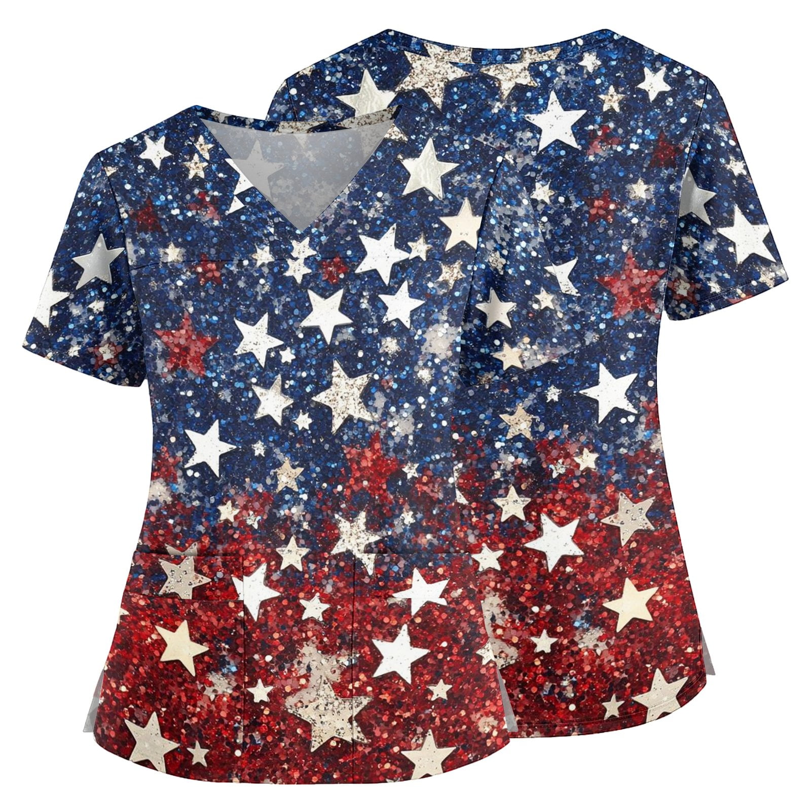 4th of July Scrub Tops Women Vneck USA 1776 - 2026 Independence Day Patriotic Working Uniforms Pocketed Holiday Shirt Dark Blue M