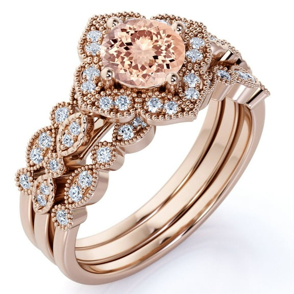 JeenMata 1.50 Carat Round Brilliant Cut created morganite Antique Trio Bridal Set in 18k Rose Gold over Silver